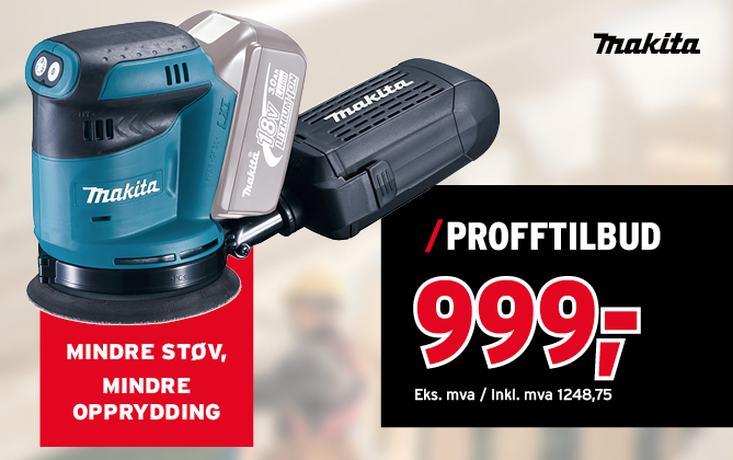 Eksentersliper 18v fra Makita med støvpose i papir beskyttet i støvboks for mindre opprydding