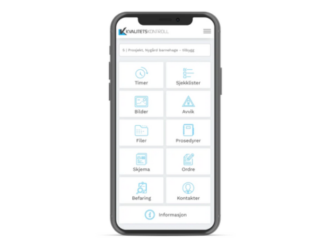 Bilde som viser mobiltelefon med funksjonalitet fra kvalitetssikringsystemete Kvalitetskontroll.