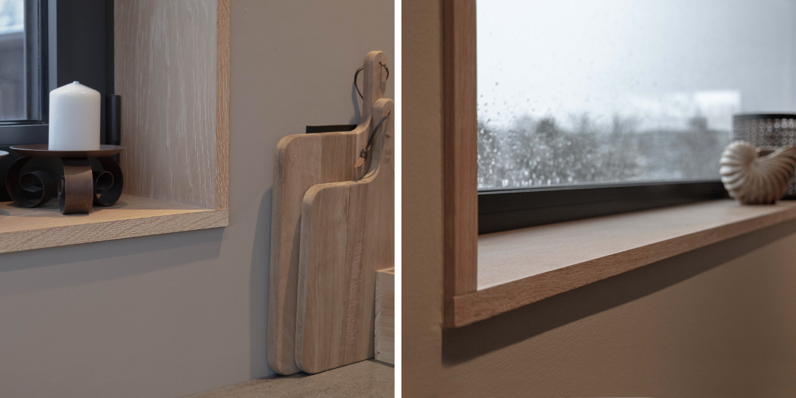 Kjøkkenvindu hvor eikeglattkant er brukt som utforing med utstikk. Nordisk stil og moderne finish.