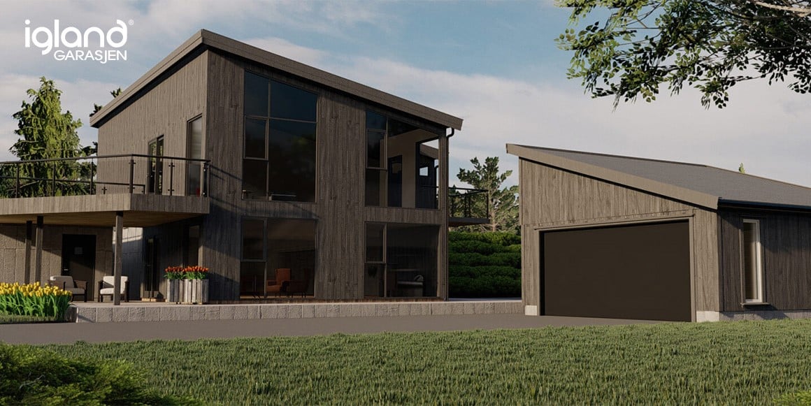Tegning av en garasje fra Igland Garasjen i modell med skrått tak