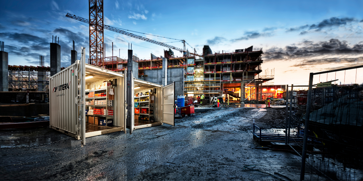 Byggeplasscontainer fra Optimera plassert på byggeplass i Oslo. 